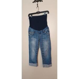 Wallflower womens cropped capri maternity jeans S stretch full belly panel blue